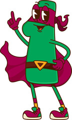 Poster - Math number one superhero groovy character. Isolated cartoon vector playful retro digit 1 personage in costume and mask of defender, standing with pointing finger exudes confidence and positivity