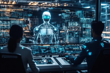 human-AI hybrid as the governing systems of the future, humans at the control in a futuristic situation room,