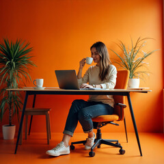 Poster - girl working on laptop on orange background. Generative AI