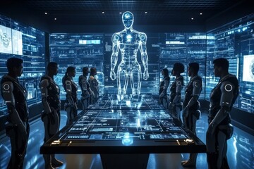 human-AI hybrid as the governing systems of the future, humans at the control in a futuristic situation room,