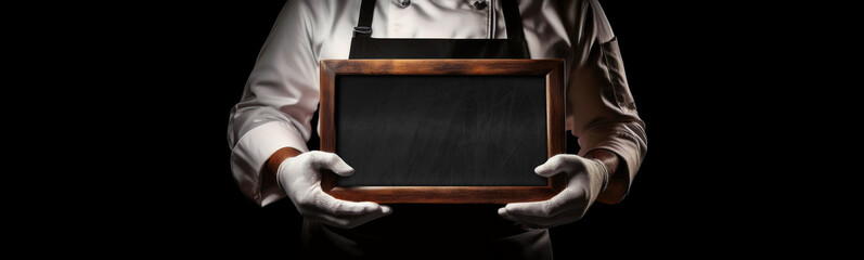 Aufkleber - Close-up of the white gloved hands of a chef or a waiter, holding an empty blackboard with wooden frame and copy space, isolated on black background. Template for a restaurant menu. Generative Ai.