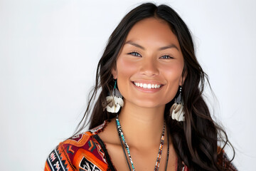 Portrait of native American smiling woman wearing traditional Indian jewelry isolated on white background