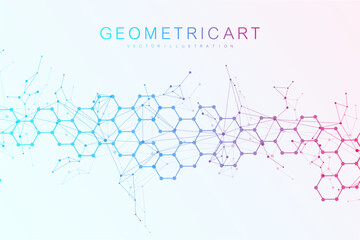 Wall Mural - Modern scientific background with hexagons, lines and dots. Wave flow abstract background. Molecular structure for medical, technology, chemistry, science. Vector illustration