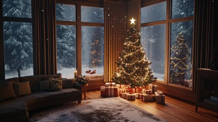 christmas scene with christmas tree and snow