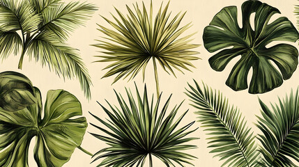 Canvas Print - Tropical foliage pattern featuring various palm and monstera leaves.