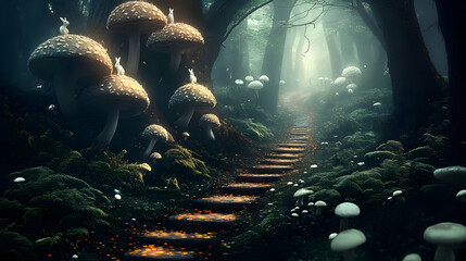 Canvas Print - Enchanted forest path with large mushrooms and playful rabbits.