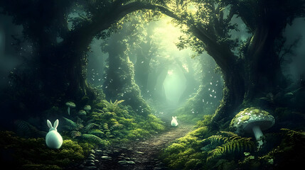 Poster - Enchanted forest path with rabbits and oversized mushrooms.