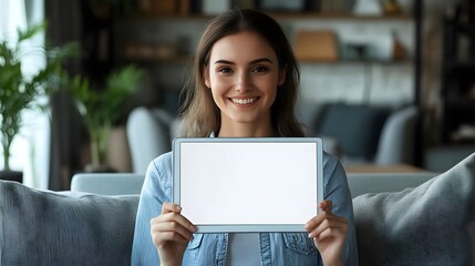  Beautiful woman holding and showing  laptop screen with blank white screen for copy space, advertisement, app or website, mockup. Gadget with empty free space for mock up template