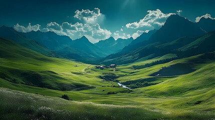 Wall Mural - Serene mountain landscape with lush green valleys and dramatic skies.