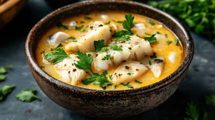 Wall Mural - Bowl of creamy seafood chowder with chunks of fish and garnished with fresh parsley leaves.