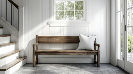 Wall Mural - Cozy entryway with a wooden bench and a decorative pillow.