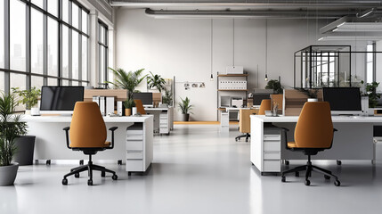 Poster - Modern open-plan office interior with white desks, orange chairs, computers, and green plants, featuring large windows and natural light.