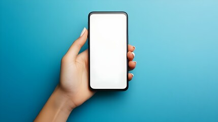 Close up woman holding and showing a mobile phone with blank white screen for copy space, advertisement, app or website, mockup. Gadget with empty free space for mock up template