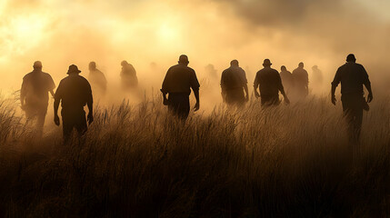 Poster - Silhouetted figures walking through a misty field at sunset.