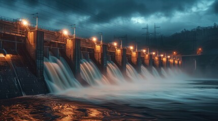 Wall Mural - Illuminated Dam With Flowing Water at Night