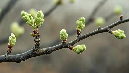 New buds are emerging on a tree branch in the early spring