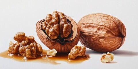 Poster - A close-up view of delicious walnuts in their shell. The image showcases the rich textures and colors of the nuts. Perfect for food photography and health blogs. AI