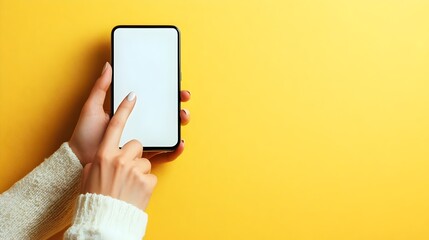 Close up woman holding and showing a mobile phone with blank white screen for copy space, advertisement, app or website, mockup. Gadget with empty free space for mock up template
