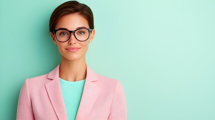 Confident young woman in stylish glasses against mint backdrop