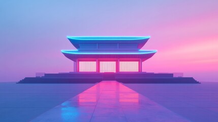 minimalist, zen temple building with an extremely minimal architecture design, neon color.