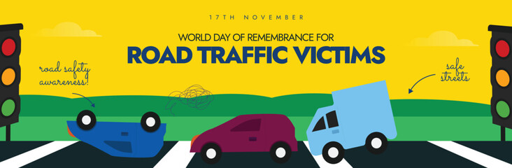 World Day of Remembrance for Road Traffic Victims. November Road Traffic Victims celebration cover banner with two vehicles crashes into each other on road. The day remembers victims of traffic crash