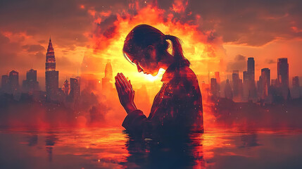 Canvas Print - A contemplative figure against a fiery urban backdrop.