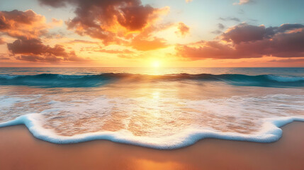 Poster - Serene sunset over the ocean with gentle waves on the shore.