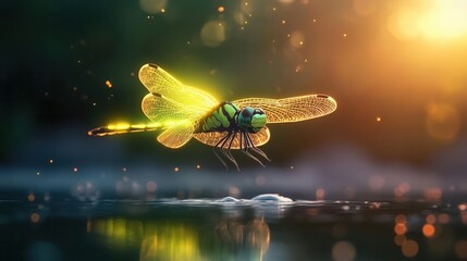 Wall Mural - dragonfly in golden light flying over water
