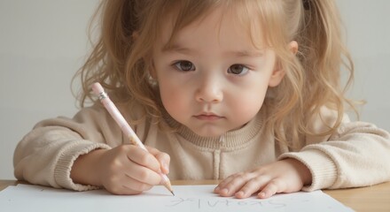 Zoe - Focused Blonde Toddler Girl in Beige Sweater Writing or Drawing, Demonstrating Early Childhood Learning and Concentration