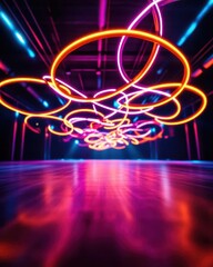 Wall Mural - abstract neon lights background purple pink orange glow empty floor