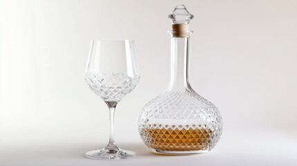 A crystal wine decanter beautifully placed beside an empty crystal wine glass, both glistening against a bright white background, emphasizing elegance in dining.