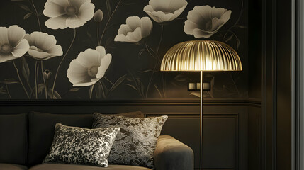 Wall Mural - Elegant living room with floral wallpaper and stylish lamp.