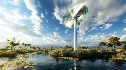 Wall Mural - A serene landscape featuring a wind turbine amidst lush greenery and calm waters, symbolizing renewable energy.