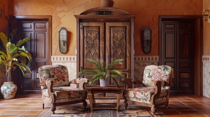 Interior Design with Two Armchairs, a Wooden Cabinet, and a Palm Plant