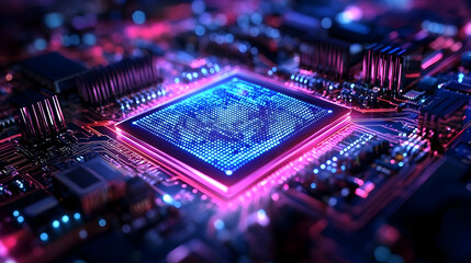 Sticker - A vibrant close-up of a computer chip with neon lighting effects.