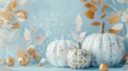 A whimsical scene featuring white and gold decorative pumpkins and leaves, set against a pale blue backdrop, creating a festive fall vibe.