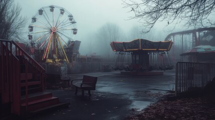 Poster - empty roller coaster in dark and spooky playground. scary halloween scene
