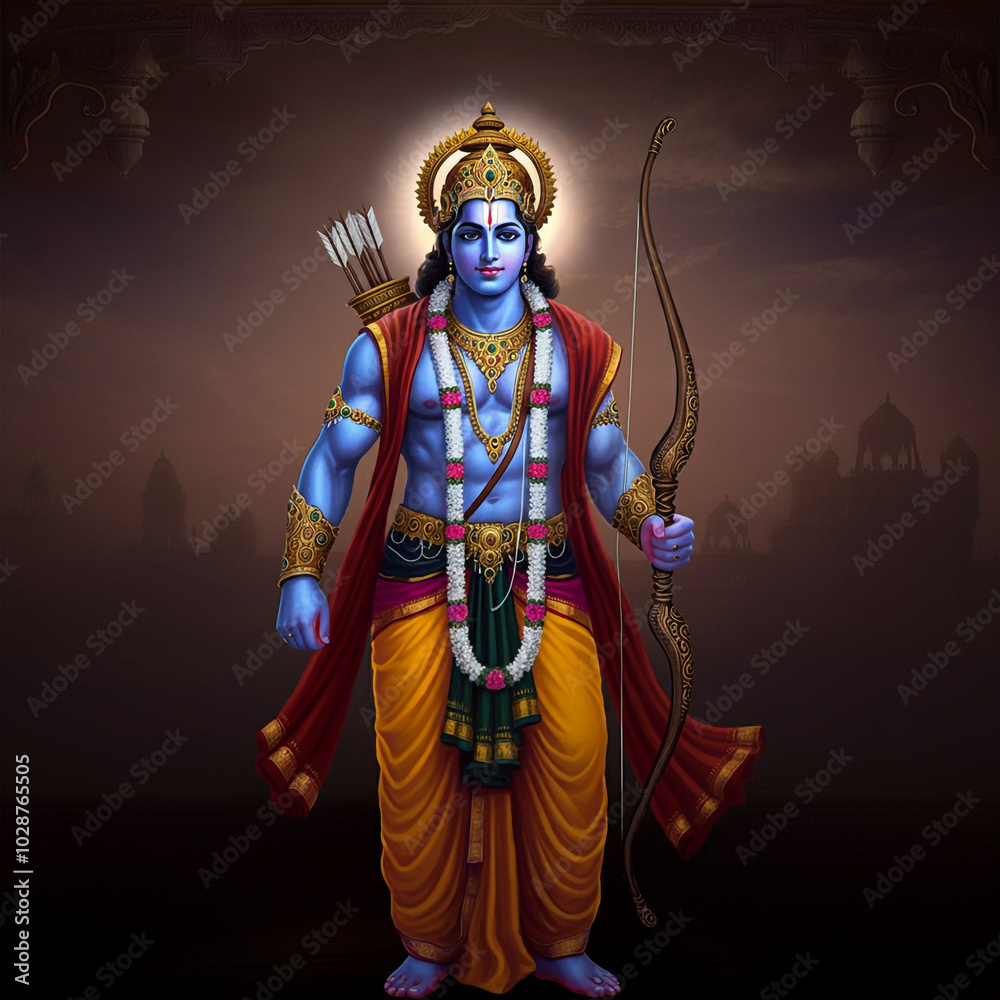 Muscular Lord Rama Lord Rama in a powerful stance, holding a bow, ready to defend ...