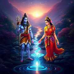 Lord Shiva and Goddess Parvati walking together in a mystical landscape with glowing light and divine energy