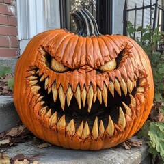 There was a scary, evil pumpkin head at a Halloween party, with his teeth bared and candles burning in his eyes, and it was very scary and scary.