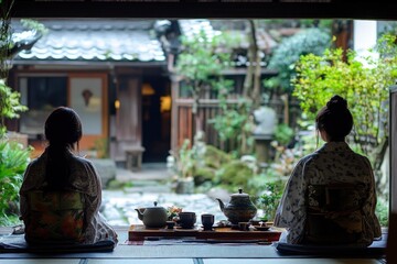 Wall Mural - woman having matcha tea ceremony . ai generated