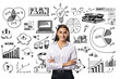 © Who is Danny - Businesswoman with crossed arms smiling, standing in front of a whiteboard full of hand-drawn business diagrams and concepts on a white background. Concept of business planning, strategy, and learning