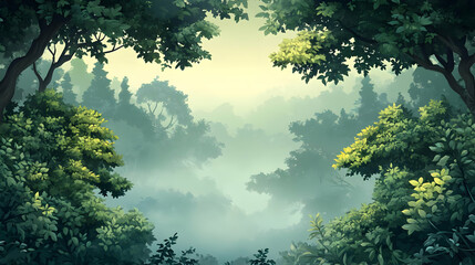 Wall Mural - Serene forest landscape with mist and lush greenery.