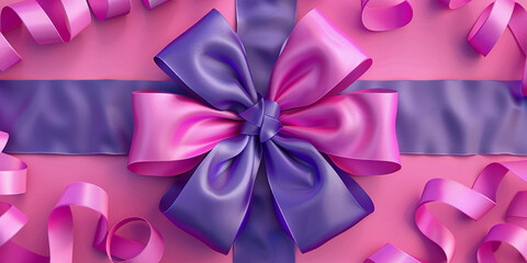 Purple realistic gift bow with horizontal ribbon isolated on white background. Vector holiday design element for banner, greeting card, poster.
