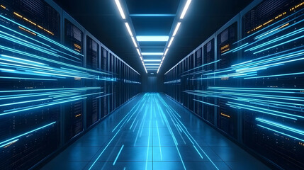 Canvas Print - Futuristic data center corridor with glowing lines of light.