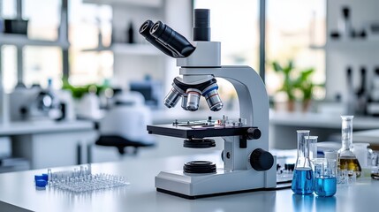 Poster - A business flyer promoting scientific and corporate services, positioned on a white lab bench with a clean and organized background
