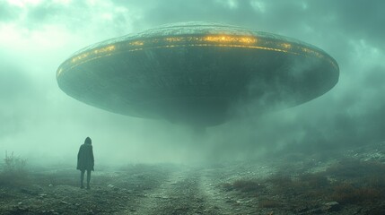 Poster - A person stands in front of a large, glowing, alien-like object