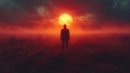 Wall Mural - A man stands in a field of tall grass, looking up at the sun