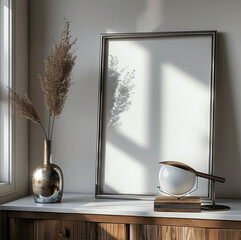 Aufkleber - A vertical frame on the sideboard. the frame is empty. Frame is a white blank background.