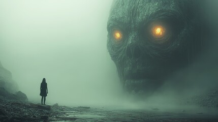 Wall Mural - A person stands in front of a large, glowing skull